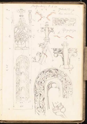 Skizzenbuch 1901: Jakobskirche in Rothenburg/Tauber, Fialen, Krabben, Fensterlaibung, Bauornamentik, Ansichten