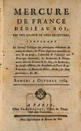 Mercure de France. 1784, 10