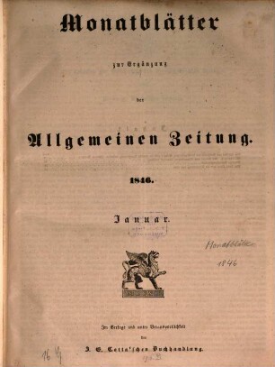 Allgemeine Zeitung. Monatblätter zur Ergänzung der Allgemeinen Zeitung. 1846