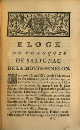 Éloge de Franç. de Salignac de La Motte - Fénélon, archevêque - duc de Cambray, précepteur des enfans de France : Discours qui a obtenu l'accessit, au jugement de l'Académie françoise, en 1771