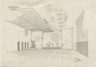 Gsaenger, Gustav; München, Fernpaßstr. 41; Hinterbärenbad- Schule mit Kindertagesstätte - Fernpaß- Schule, Gymnastiksaal in der Turnhalle (Perspektive)