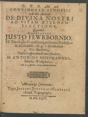 Continuata Synopsis Ardui Articuli De Divina Nostri Ad Vitam Aeternam Electione