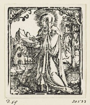 Heilige Odilia, aus: Jean Clein, "Hortulus anime cum alijs appluri=mis orationibus pristine impressioni superadditis: vt tabulam in huius cal ce annexam intuenti patentissium erit"