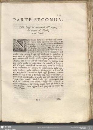 Parte Seconda. Delle Leggi de' movimenti dell' acque, che corrono ne' Fiumi, e ne' Canali