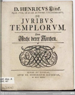 D. Henricus Linck, Prof. Publ. In Acad. Altdorf. Celeberrimus, De Iuribus Templorum