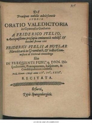 De Praecipuo nobilis adolescentis Studio Oratio Valedictoria