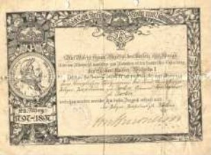 Verleihungsurkunde für die Erinnerungsmedaille herausgegeben anlässlich des 100. Geburtstages von Kaiser Wilhelm I. für den Schutzmann Quirin Kohlbecher