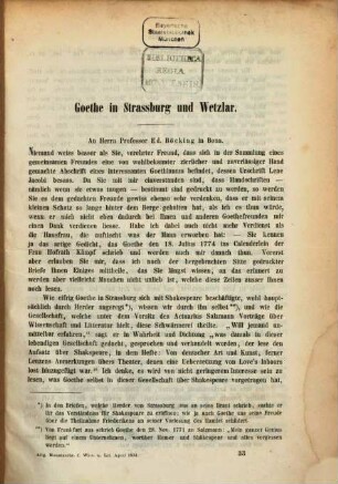 Goethe in Strassburg und Wetzlar : (An Herrn Prof. Ed. Böcking in Bonn) (= Aus d. Allg. Monatsschr. f. Wiss. u. Lit. April 1854)