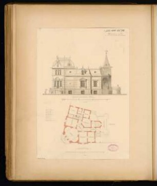 Wohnhaus, Eberswalde Monatskonkurrenz Juli 1880: Grundriss Erdgeschoss, Aufriss Straßenansicht (Alsenplatz) 1:150; 2 Maßstabsleisten, Legende