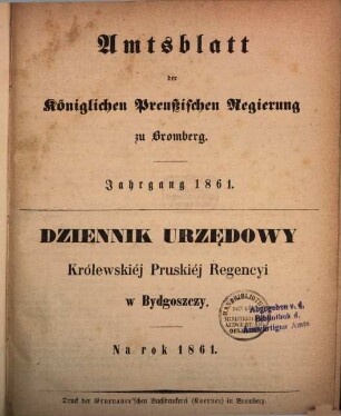 Amtsblatt der Königlichen Preußischen Regierung zu Bromberg. 1861