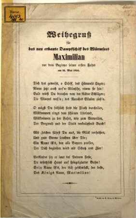 Weihegruß für das neu erbaute Dampfschiff des Würmsees Maximilian vor dem Beginne seiner ersten Ferth am 11. Mai 1851