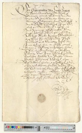 Herzog Ernst II. zu Braunschweig-Lüneburg quittiert dem Lüneburger Stadtrat den Empfang von 2000 Gulden lübisch Jahrespension zustehend aus dem Vertrag von 1562. Eigenhändige Unterschrift.