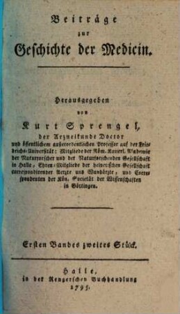 Beiträge zur Geschichte der Medicin, 2. 1795 = Bd. 1