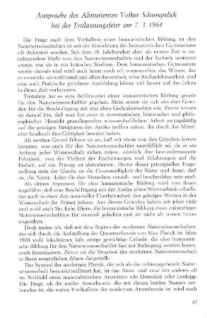 Ansprache des Abiturienten Volker Schumpelik bei der Entlassungsfeier am 7.3.1964