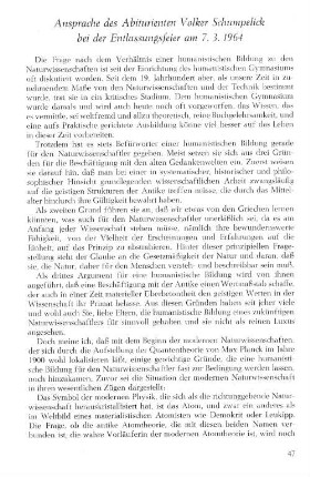 Ansprache des Abiturienten Volker Schumpelik bei der Entlassungsfeier am 7.3.1964