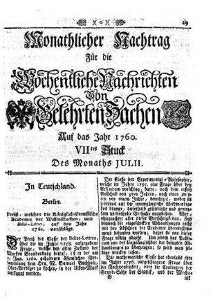 Monathlicher Nachtrag [...] VIItes Stuck Des Monaths Julii