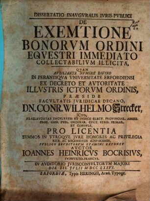 Dissertatio Inavgvralis Ivris Pvblici De Exemtione Bonorvm Ordini Eqvestri Immediato Collectabilivm Illicita
