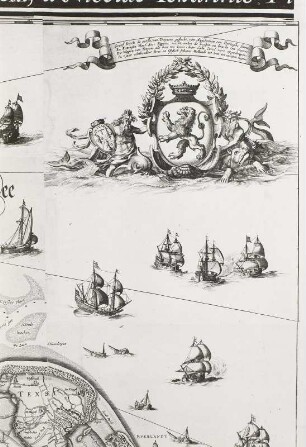 Holland (Tafel 14) Ausschnitt: Wappen und Insel Texel : Joann Blaeu: Atlas d. Gr. Kurfürsten, Zweimaster