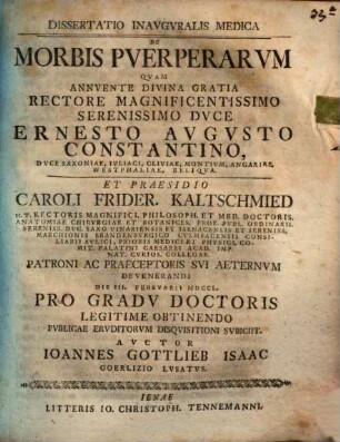 Dissertatio Inavgvralis Medica De Morbis Pverperarvm