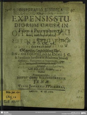 Disputatio Iuridica De Expensis Studiorum Causa In Filios a Parentibus collatis, earumque iure