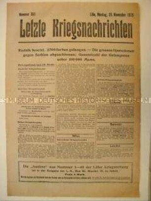 Mitteilungsblatt "Letzte Kriegsnachrichten" mit Kurzmeldungen von verschiedenen Kriegsschauplätzen