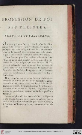 Profession de foi des théistes, traduite de l'Allemand