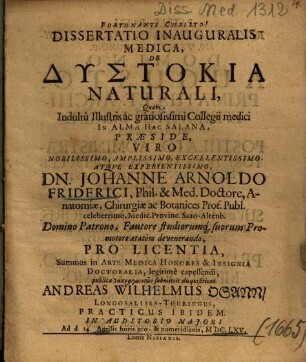 Dissertatio Inauguralis Medica, De Dystokia Naturali