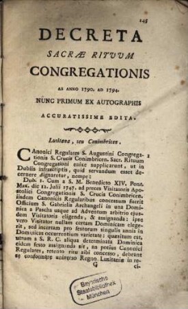 Decreta [Authentica] Sacra Rituum Congregationes Ab Anno 1790 - 1794
