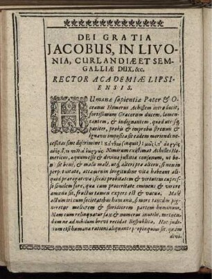 Dei Gratia Jacobus, In Livonia, Curlandiae Et Semgalliae Dux, etc. Rector Academiae Lipsiensis