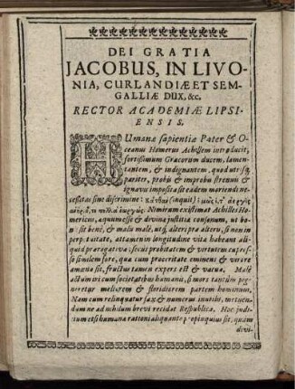 Dei Gratia Jacobus, In Livonia, Curlandiae Et Semgalliae Dux, etc. Rector Academiae Lipsiensis
