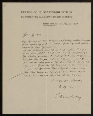 68-69: Brief von Ludwig Darmstaedter (Preussische Staatsbibliothek) an Otto von Gierke, Berlin, 10.1.1921