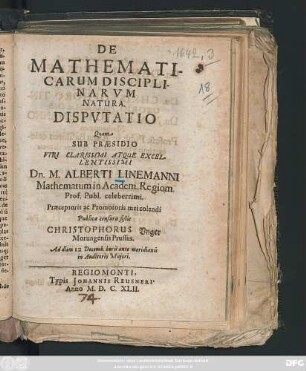 De Mathematicarum Disciplinarum Natura Disputatio