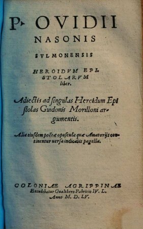 P. Ovidii Nasonis Sulmonensis Heroidum epistolarum liber