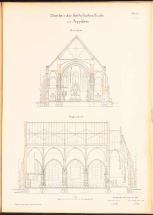 Katholische Kirche, Poppelau: Querschnitt, Längsschnitt 1:100