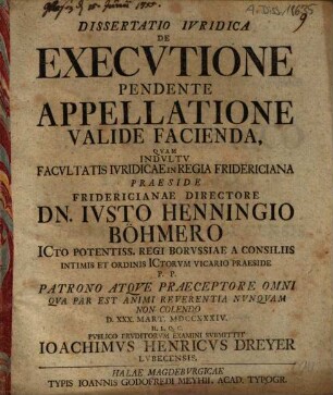 Dissertatio Ivridica De Execvtione Pendente Appellatione Valide Facienda