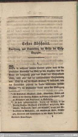 Erster Abschnitt. Einrichtung und Ermittelung der Größe der Salz-Magazine