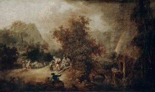 Landschaft mit Ruine, Regenbogen, Hirten und Bettler