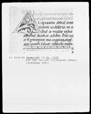 Apophthegmata patrum und anderes — Initiale A(liquando abbas), Folio 58verso