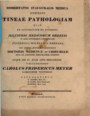 Diss. inaug. med. exhibens tineae pathologiam