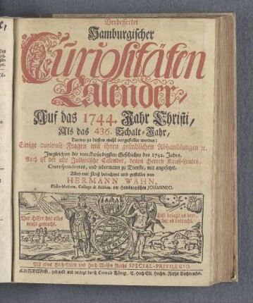 1744: Verbesserter hamburgischer Curiositäten-Calender