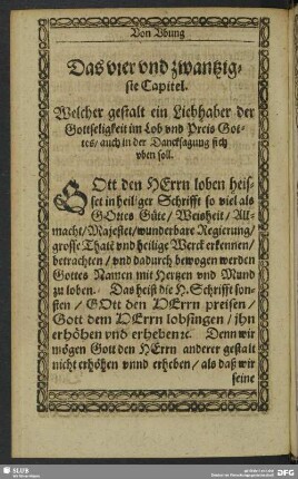 Das vier und zwantzigste Capitel. Welcher gestalt ein Liebhaber der Gottseligkeit im Lob und Preis Gottes, auch in der Dancksagung sich uben soll