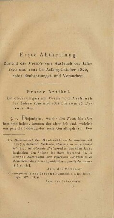 Erste Abtheilung. Zustand des Vesuv's vom Ausbruch der Jahre 1820 und 1821 bis Anfang Oktober 1822, nebst Beobachtungen und Versuchen.