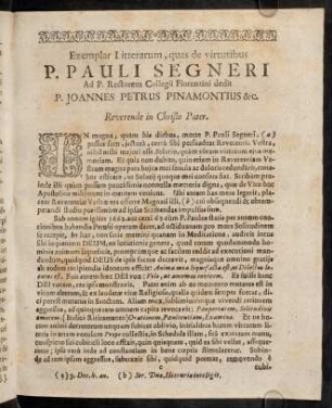 c1r-d2v, Exemplar Litterarum, quas de virtutibus P. Pauli Segneri...