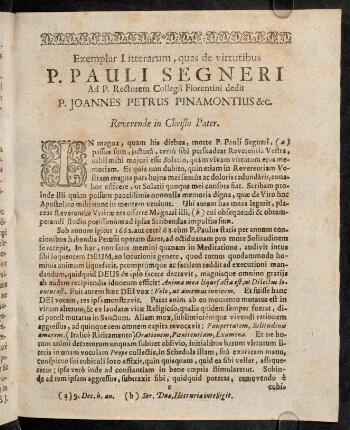 c1r-d2v, Exemplar Litterarum, quas de virtutibus P. Pauli Segneri...