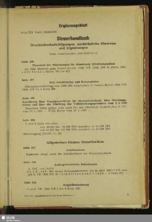 Ergänzungsblatt: Steuerhandbuch. Druckfehlerberichtigungen, nachträgliche Hinweise und Ergänzungen
