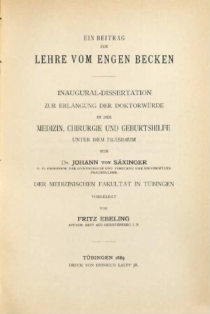 Ein Beitrag zur Lehre vom engen Becken : Inaug. Diss.