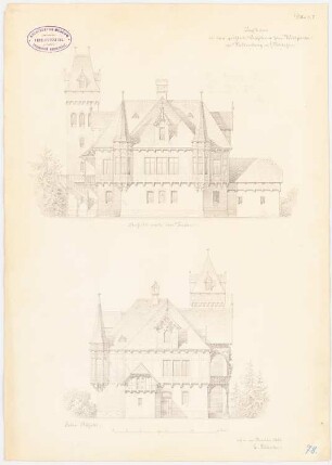 Jagdhaus, Falkenberg: Aufriss der Rückfassade, Aufriss der Seitenfassade, Maßstabsleiste