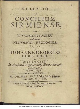 Collatio ad Concilium Sirmiense, Sub Constantio Imp. habitum Historico-Theologica,