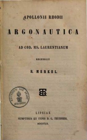 Apollonii Rhodii Argonautica : ad cod. Ms. Laurentianum