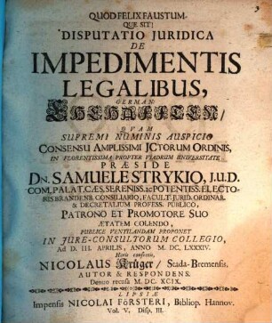 Disputatio Juridica De Impedimentis Legalibus, German: Ehehafften